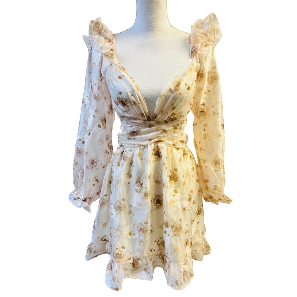 Storia Floral Organza Ruffle Dress L Lace Up Cutout Romantic Fairy Ethereal NEW